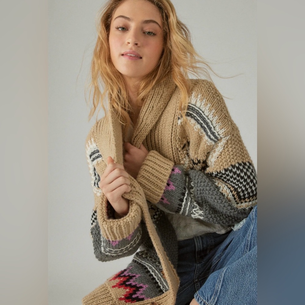 Lucky Brand Tribal Aztec Print Cardigan Chunky Sweater Wool Blend Women’s Large - Picture 2 of 6
